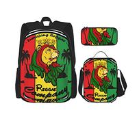 Mochila escolar conjuntos 3 piezas Niños Adolescentes (Judah rojo amarillo verde reggae león rasta) Bolsa de libros + Bolsa de almuerzo + Estuche de lápices Mochila linda Trabajo universitario Gimna