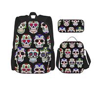 Mochila escolar conjuntos 3 piezas Teens Studentss (Día de los Muertos Sugar Skull Flower Art) Bolsa de libros + Bolsa de almuerzo + Estuche de lápices Lindo Sackpack Colegio Trabajo Gimnasio Sender