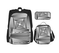 Mochila escolar de 3 piezas para estudiantes y adolescentes (Operación abstracta gris, también conocida como óptica, es un estilo visual que hace uso de ilusiones geométricas), bolsa de libros, bols