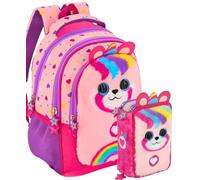 Mochila escolar ergonómica 33 x 43 x 15 cm con estuche a juego 3 compartimentos 45 piezas - Pack escolar completo - Julian Ross - Escuela primaria y regalo niños, Pandacorno Fluffy