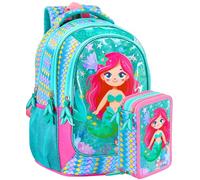 Mochila escolar ergonómica 33 x 43 x 15 cm con estuche a juego 3 compartimentos 45 piezas - Pack escolar completo - Julian Ross - Escuela primaria y regalo niños, Sirena