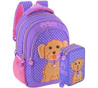 Mochila escolar ergonómica + estuche coordinado - 33×43×15 cm, 3 compartimentos, 45 piezas - diseño barboncino “So Cute” para niña - pack completo Julian Ross para primaria