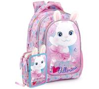 Mochila escolar ergonómica + estuche coordinado - 33×43×15 cm, 3 compartimentos, 45 piezas - Diseño Conejita Ballerina para niña - pack completo Julian Ross para primaria