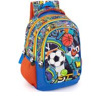 Mochila escolar ergonómica infantil niño 6-10 años 43×33×15 cm - tirantes acolchados, fondo reforzado, con cinta para trolley - Diseño fútbol y baloncesto - Julian Ross