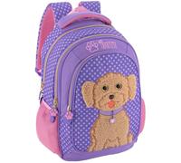 Mochila escolar ergonómica infantil primaria 6-10 años 43×33×15 cm - tirantes acolchados, fondo reforzado, con cinta para trolley - Diseño perrito peluche violeta - Julian Ross