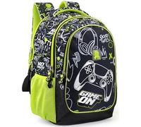 Mochila escolar ergonómica infantil primaria 6-10 años 43×33×15 cm - tirantes acolchados, fondo reforzado, con cinta para trolley - Diseño gamer negro y verde mando consola - Julian Ross
