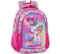 Mochila escolar ergonómica infantil primaria 6-10 años 43×33×15 cm - tirantes acolchados, fondo reforzado, con cinta para trolley - Diseño unicornio con helado - Julian Ross
