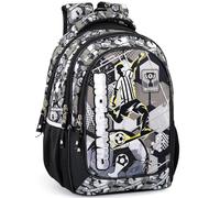 Mochila escolar ergonómica infantil primaria 6-10 años 43×33×15 cm - tirantes acolchados, fondo reforzado, con cinta para trolley - Diseño fútbol blanco y negro - Julian Ross