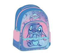 Mochila Escolar Mediana Stitch Niña - 42 cm, 100% Poliéster, Doble Compartimento con Cremalleras, Tirantes Acolchados Ajustables, Color Rosa y Azul para Colegio y Vuelta al Cole