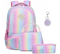 Mochila Escolar Niñas Colorida Mochila Arco iris para Chicas Adolescentes y Mujeres,3 en 1 Sets de Bolsas Escolares Infantiles + Bolsa del Almuerzo + Estuche - Glitter Backpack