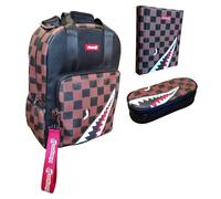 Mochila escolar oficina universidad Dibujo 38 gráficos a cuadros con tiburón dim. 40 x 30 x 16 cm + Estuche ovalado con cremallera + diario 2025/2026 + 7 bolígrafos borrables y llavero silbato