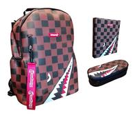 Mochila escolar oficina universidad dibujo 38 gráficos a cuadros marrón con tiburón dim. 40 x 30 x 16 cm + estuche ovalado cremallera + diario 2025/2026 + 7 bolígrafos borrables y llavero silbato