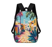 Mochila Escolar Para Niños Colorful Tropical Mediterranean European Town Minimalist Art Illustration Mochilas Para Libros Mochila Informal De Viaje Con Impresión 3D Para Niños Y Niñas Mochila De Gran