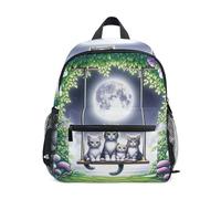 Mochila escolar para niños y niñas, diseño de gatos, color verde luna, con etiqueta de nombre, mini mochilas escolares para niños, Cute Cats Moon Green, 6-8 Years, Lindas mochilas