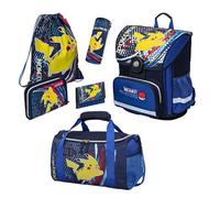 Mochila escolar Pokémon para 1ª hasta 4ª clase, ergonómica, compacta, ligera, mochila escolar Pokemon con diseño de Pikachu, set de escolarización con muchos accesorios, azul, ca. 37 x 35 x 24 cm