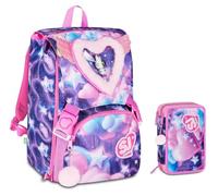 Mochila escolar primaria SJ Girl Fluffy Pink Girl Astronauta del corazón extensible By Seven para niña + Estuche 3 pisos