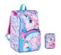 Mochila escolar primaria SJ Girl Glow Led Unicornio extensible By Seven para niña + Estuche Speed Pad 3D