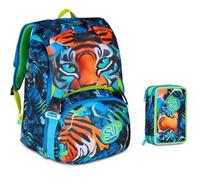 Mochila escolar SJ Boy Air Tiger Tiger extensible By Seven para primaria niño + Estuche de 3 niveles completo de papelería + 7 bolígrafos a presión y llavero con lentejuelas