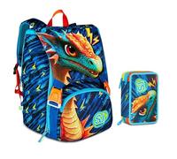 Mochila escolar SJ Boy Dragon Glide Dragón alado extensible By Seven para primaria niño + Estuche de 3 pisos + 7 bolígrafos a presión y llavero lentejuelas