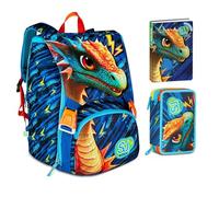 Mochila escolar SJ Boy Dragon Glide Dragón alado extensible By Seven para primaria niño + Estuche de 3 pisos + Diario 2025/2026 + 7 bolígrafos a presión y llavero lentejuelas