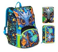 Mochila escolar SJ Boy Led Look Dragón extensible By Seven para elemental niña + Estuche de 3 pisos completo de papelería + Diario 2025/2026 + 7 bolígrafos a presión y llavero silbato