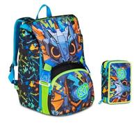 Mochila escolar SJ Boy Led Look Dragón extensible By Seven para primaria niña + Estuche de 3 pisos completo de papelería + 7 bolígrafos a presión y llavero silbato