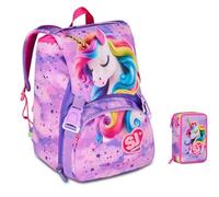 Mochila escolar SJ Gang Fable Journey Unicornio extensible By Seven para primaria niña + Estuche 3 pisos completo papelería + 7 bolígrafos a presión y llavero lentejuelas