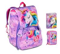 Mochila escolar SJ Gang Fable Journey Unicornio extensible By Seven para primaria niña + Estuche de 3 pisos + Diario 2025/2026 + 7 bolígrafos a presión y llavero lentejuelas