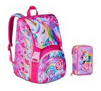 Mochila escolar SJ Gang PinkHughs Unicornio extensible By Seven + Estuche de 3 pisos + 7 bolígrafos a presión, llavero lentejuelas y bolígrafo sirena, multicolor, Medium
