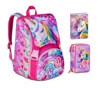 Mochila escolar SJ Gang PinkHughs Unicornio extensible By Seven + Estuche de 3 pisos + Diario 2024/2025 + 7 bolígrafos a presión, llavero lentejuelas y bolígrafo sirena, multicolor, media, Clásico