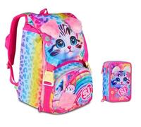 Mochila escolar SJ Girl Cat & Air Gatito Tigrotto extensible By Seven para primaria niña + Estuche de 3 pisos + 7 bolígrafos a presión y llavero lentejuelas