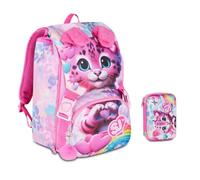 Mochila escolar SJ Girl Cat & Air Gatito Tigrotto extensible By Seven para primaria niña + Estuche Speed Pad + 7 bolígrafos a presión y llavero lentejuelas