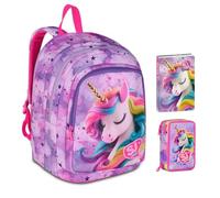 Mochila escolar SJ Girl Fable Journey Unicornio alado Advanced redondo By Seven para elemental niña + Estuche de 3 pisos + Diario 2025/2026 + 7 bolígrafos a presión y llavero lentejuelas