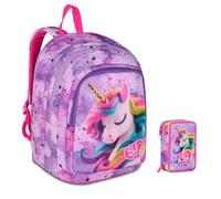 Mochila escolar SJ Girl Fable Journey Unicornio alado Advanced redondo de Seven para primaria niña + Estuche de 3 pisos + 7 bolígrafos a presión y llavero lentejuelas