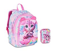 Mochila escolar SJ Girl Heart Buddy Advanced redonda By Seven para primaria niña + estuche Speed Pad + 7 bolígrafos a presión y llavero lentejuelas