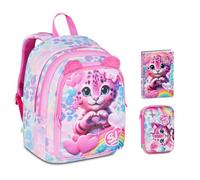 Mochila escolar SJ Girl Heart Buddy Advanced redonda By Seven para primaria niña + Estuche Speed Pad + Diario 2026/2027 + 7 bolígrafos a presión y llavero lentejuelas