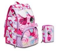Mochila escolar SJ Girl Heart Lolly extensible By Seven para primaria niña + Estuche de 3 pisos completo papelería + 7 bolígrafos a presión y llavero lentejuelas