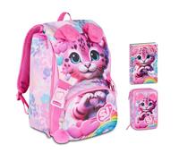 Mochila escolar SJ Heart Buddy Girl Gatito Tigrotto extensible By Seven para elemental niña + Estuche de 3 pisos + Diario 2026-2027 + 7 bolígrafos disparador y llavero lentejuelas