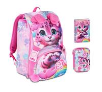 Mochila escolar SJ Heart Buddy Girl Gatito Tigrotto extensible By Seven para primaria niña + Estuche Speed Pad + Diario 2026/2027 + 7 bolígrafos de clic y llavero lentejuelas