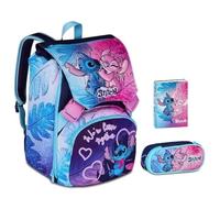 Mochila escolar Stitch Cute and Fluffy Abrazo extensible By Seven para primaria niña + Estuche con cremallera ovalada + Diario 2025/2025 + 7 bolígrafos borrables y llavero lentejuelas