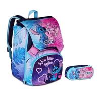 Mochila escolar Stitch Cute and Fluffy Abrazo extensible By Seven para primaria niña + Estuche con cremallera ovalada + 7 bolígrafos borrables y llavero lentejuelas