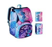 Mochila escolar Stitch Cute and Fluffy Abrazo extensible By Seven para primaria niña + Estuche de 3 pisos + Diario 2025/2026 + 7 bolígrafos a presión y llavero lentejuelas