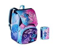 Mochila escolar Stitch Cute End Fluffy Abrazo extensible By Seven para primaria niña + Estuche de 3 pisos completo de papelería + 7 bolígrafos a presión y llavero lentejuelas