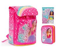 Mochila extensible compatible con Barbie - Respaldo y correas acolchadas Dim. 29 x 40 x 13 (+9) + Estuche de 3 pisos + diario estándar 2024/2025 + Bolígrafo sirenas y llavero lentejuelas, multicolor,