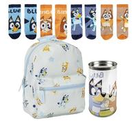 Mochila GUARDERIA Estampado BLUEY, Unisex niños, Azul Claro + Pack de 4 Calcetines infantiles diseño Bluey Talla 27-30