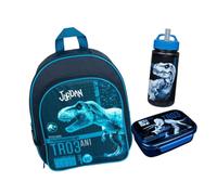 Mochila infantil con diseño de dinosaurios TRex para niños, personalizable con nombre, con bolsillo delantero, 2 compartimentos, 25 x 31 x 10 cm, Set 2 Dinosaurio Azul, 25 x 31 x 10 cm