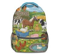 Mochila infantil con estampado de animales de granja: bolsa de libros con temática de tiempo pastoral de dibujos animados para niños, estudiantes y viajes, 16.5 pulgadas