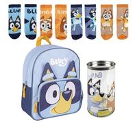 Mochila Infantil de Bluey Azul, 15,5x30x10cm en Poliéster, Cierre de Cremallera + Pack de 4 Calcetines infantiles diseño Bluey Talla 23-26