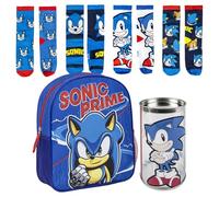 Mochila Infantil de Sonic Azul, Cierre de Cremallera 25x20x29cm + Pack de 4 Calcetines diseño Sonic Talla 35-38