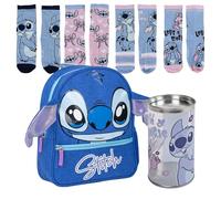 Lucky Boxer Mochila Infantil Escolar Stitch, Unisex niños, Azul, Pequeña + Pack de 4 Calcetines infantiles diseño Stitch Talla 35-38